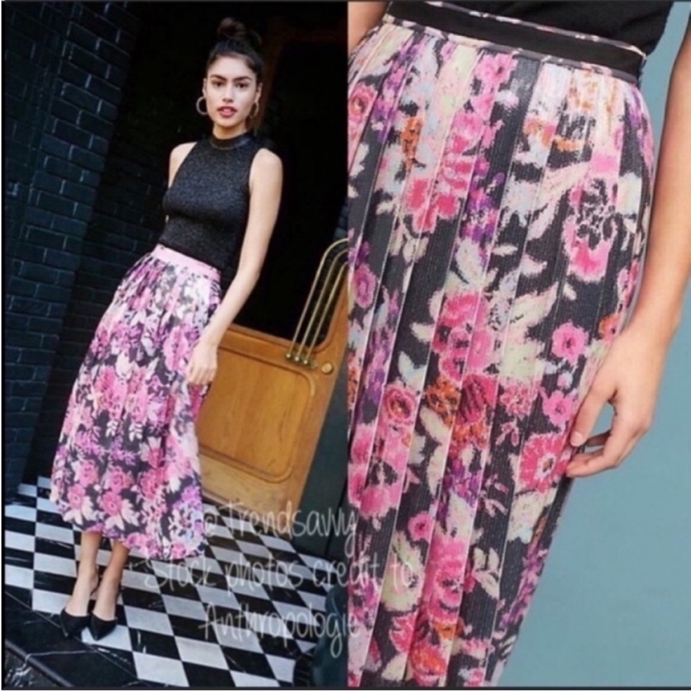 Anthropologie Maeve Floral Sequin Pleated Maxi Skirt Pink Black Size 4 Party NWT